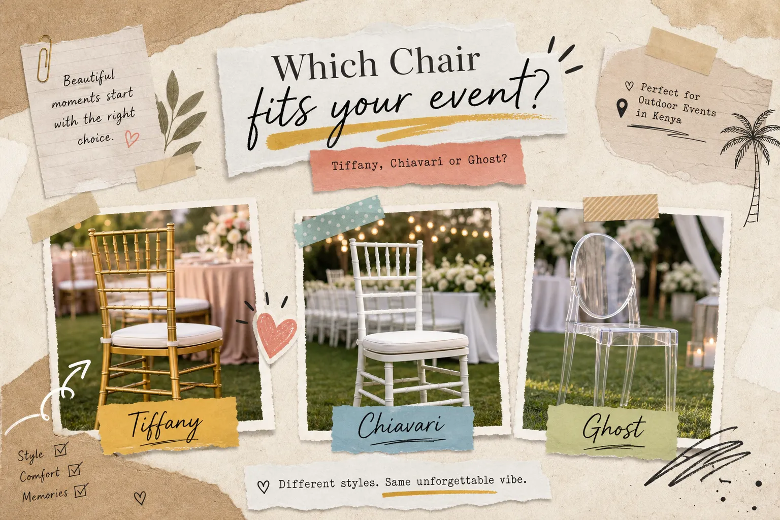Outdoor event chairs in Kenya: Tiffany, Chiavari or Ghost?