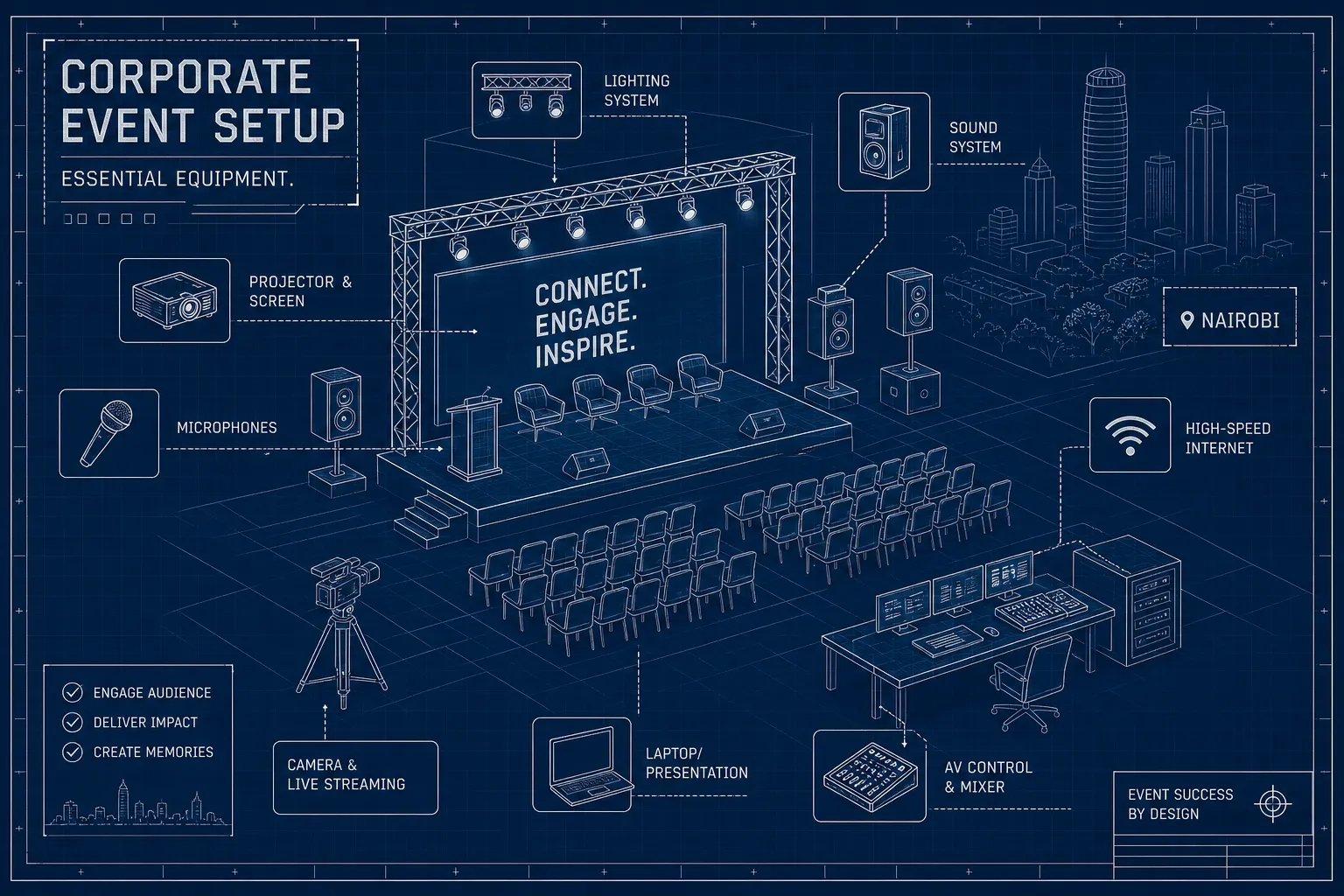 What equipment do you need for a corporate event in Nairobi?