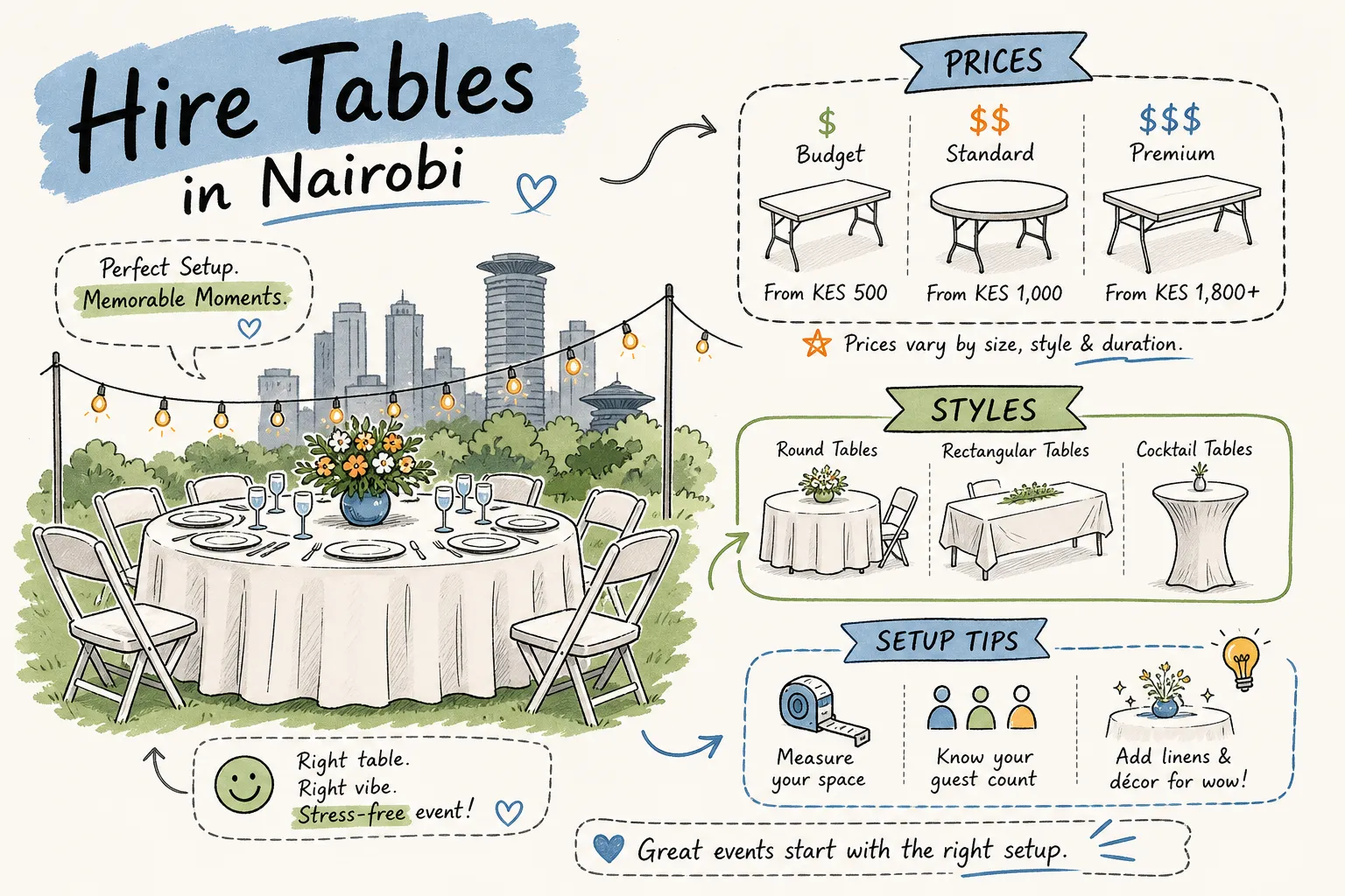 Hire tables in Nairobi: prices, styles & setup tips