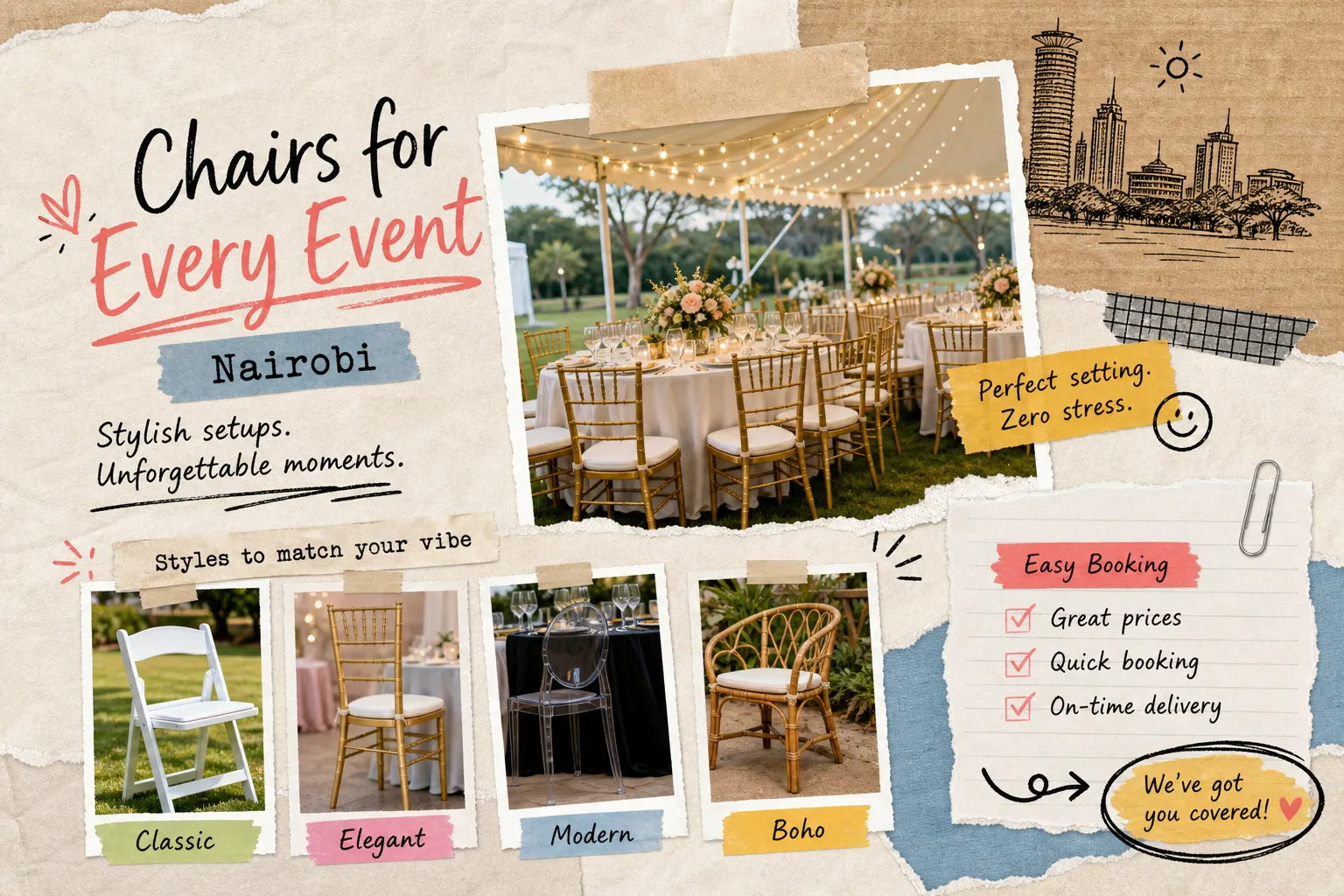 Chairs for hire in Nairobi: styles, prices and booking tips