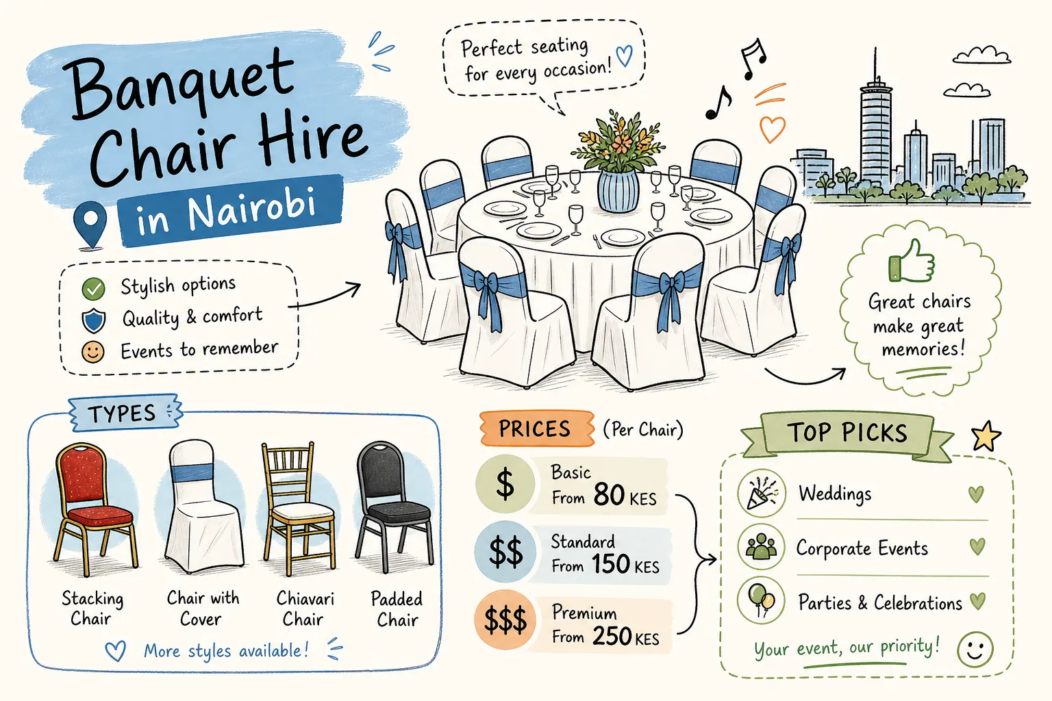 Banquet chair hire in Nairobi: types, prices and top picks