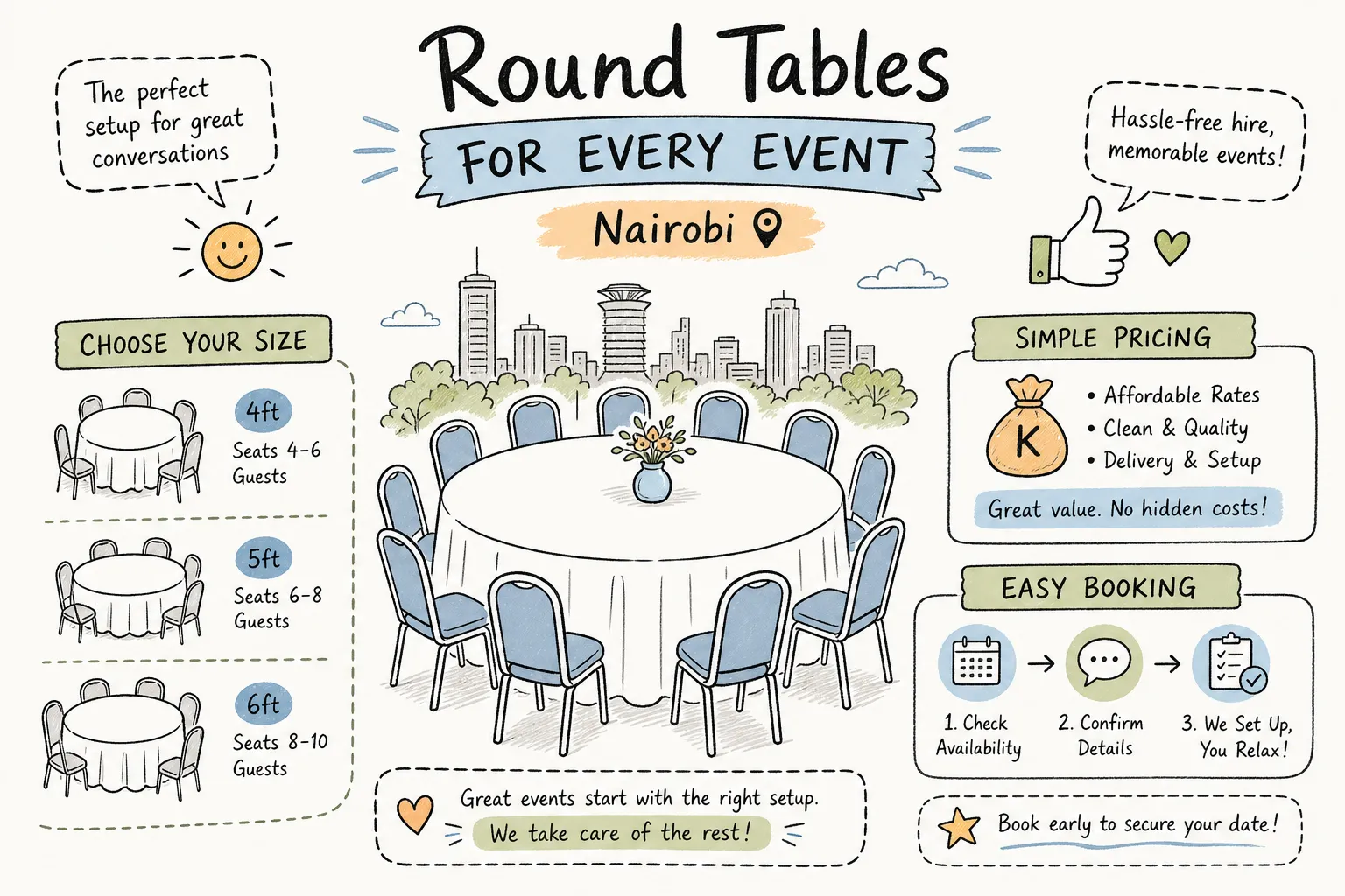 Round table hire in Nairobi: sizes, prices and booking tips