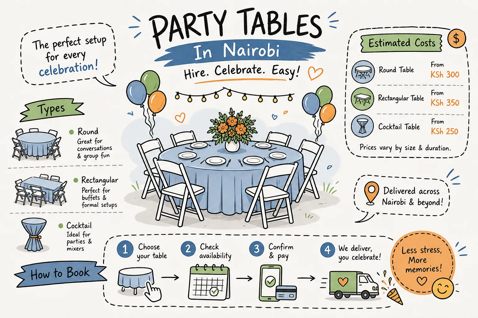 Party table hire in Nairobi: types, costs and how to book