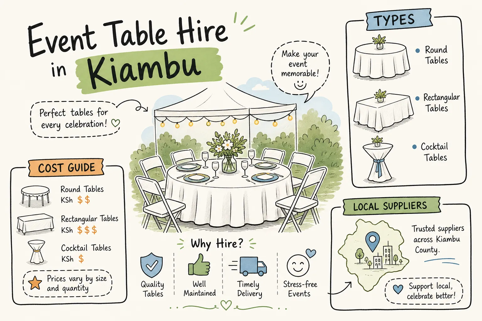 Event table hire in Kiambu: types, costs and suppliers