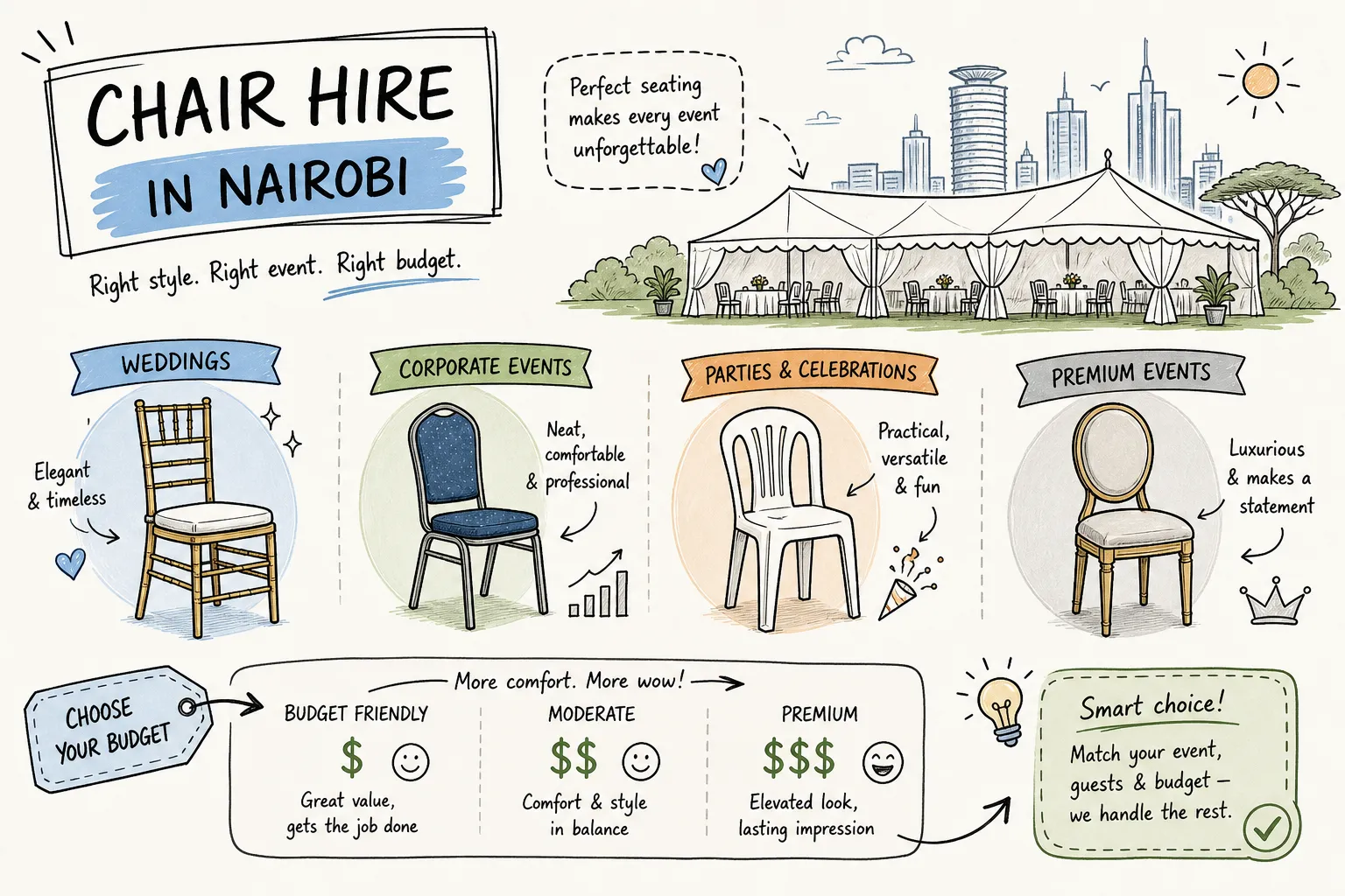 Chair hire in Nairobi: best styles by event type and budget