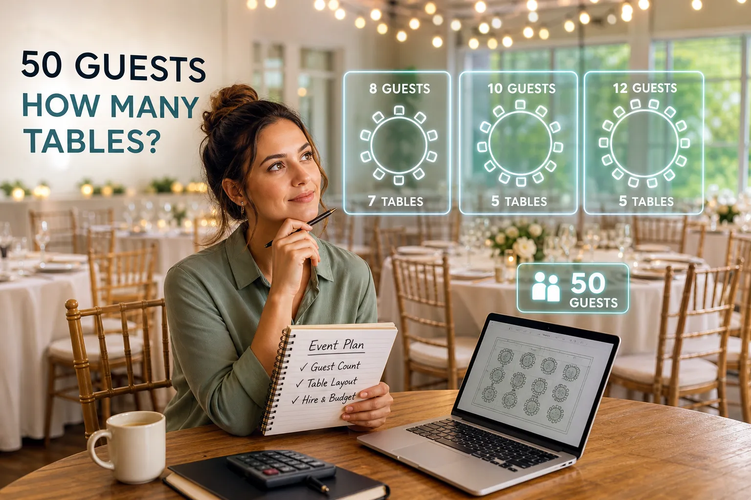 How many tables for 50 guests: layouts, counts and hire tips