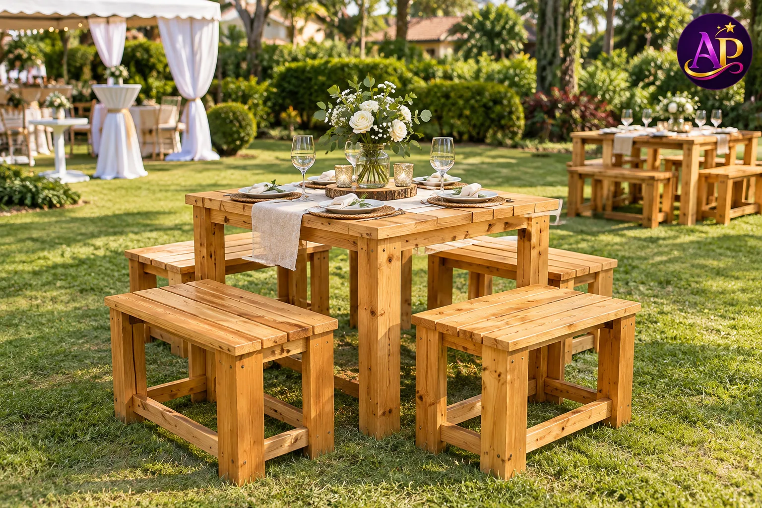 4-Seater Cyprus Wood Picnic Table Set styled for a luxury outdoor event in Nairobi