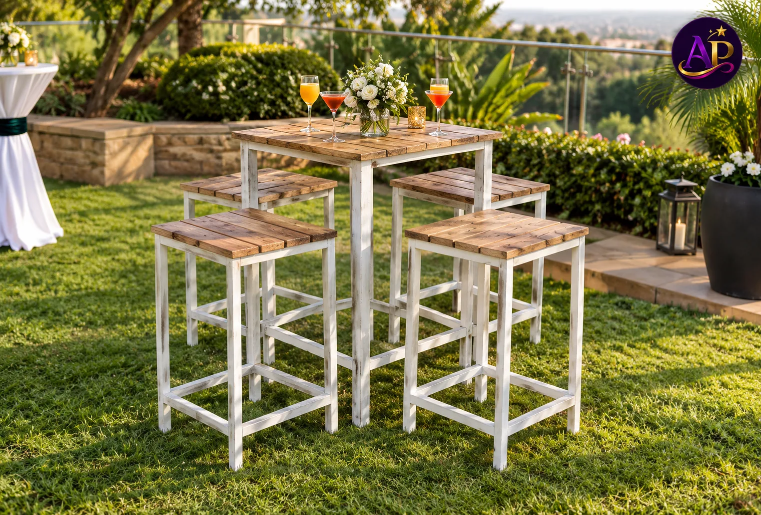 4-Seater Square-Top Rustic Cocktail Set styled for an elegant outdoor event in Nairobi