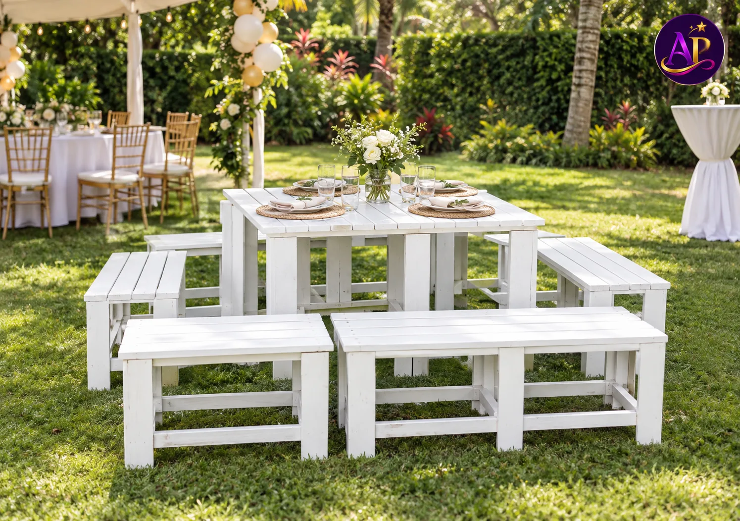 4-Seater White Cyprus Picnic Table Set styled for a luxury outdoor event in Nairobi
