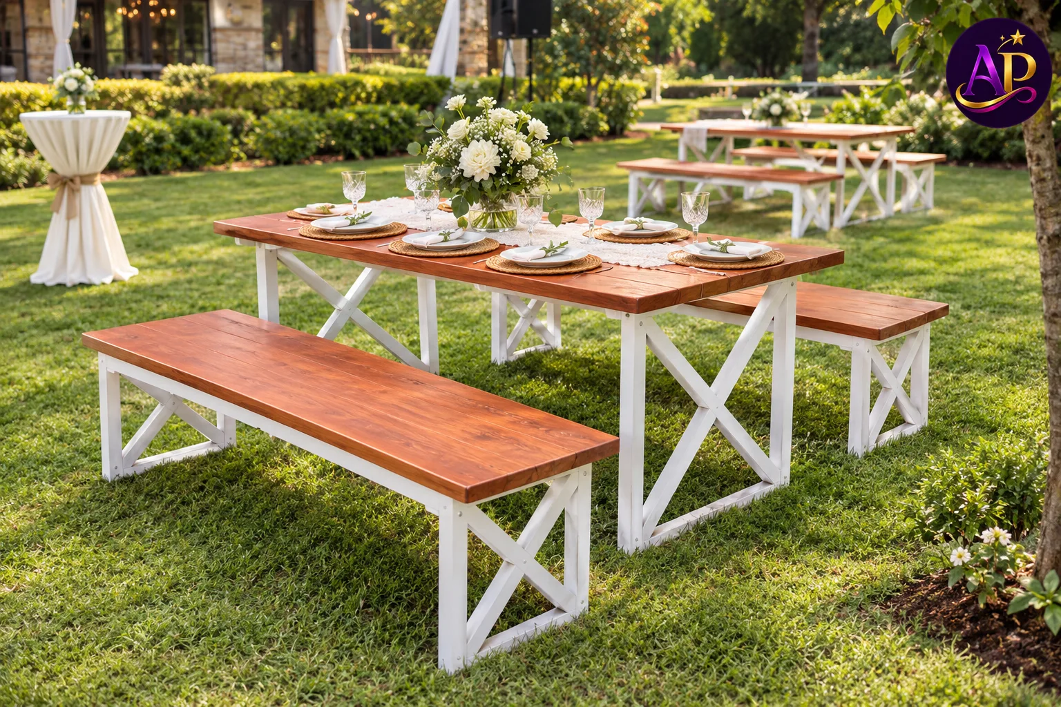 6-Seater Mahogany White Frame Picnic Bench Set styled for a luxury event in Nairobi