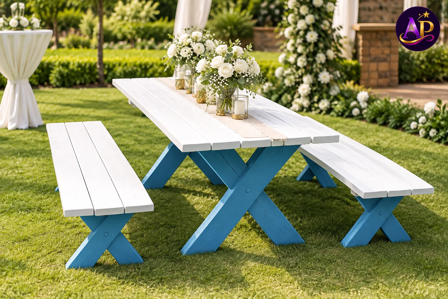 6-Seater Makasi White & Blue Bench Set