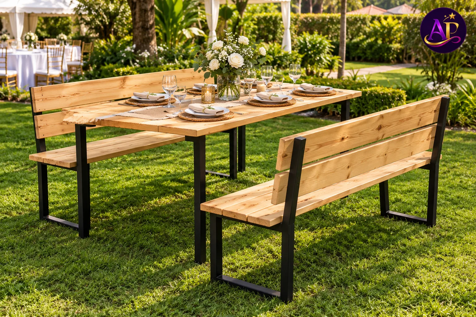 6-Seater Picnic Bench Set with wooden backrests and black metal legs in Nairobi