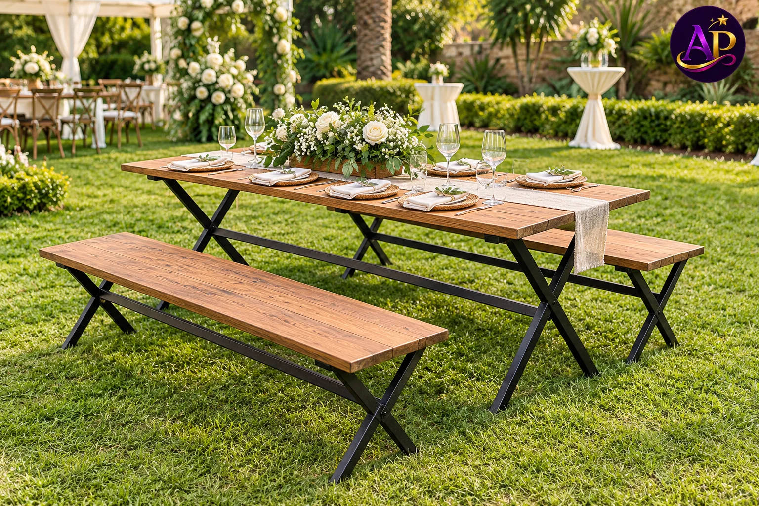8-Seater Wooden Picnic Bench Set with separate benches at a luxury Nairobi garden event