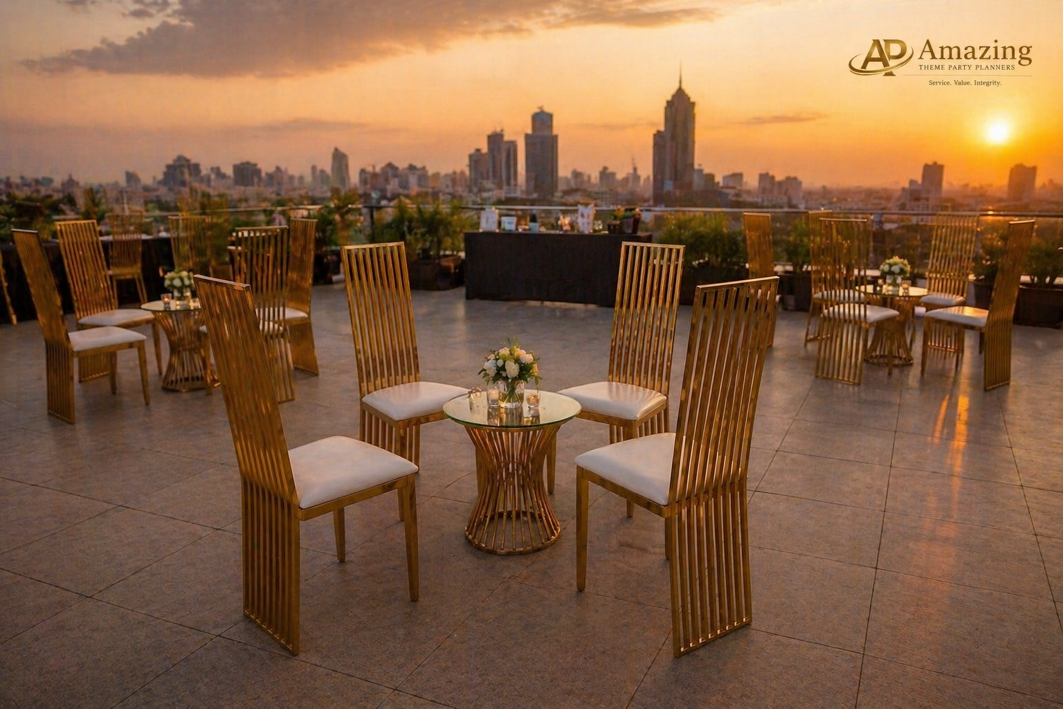 Adults high back chairs arranged in networking clusters on a Nairobi rooftop at sunset