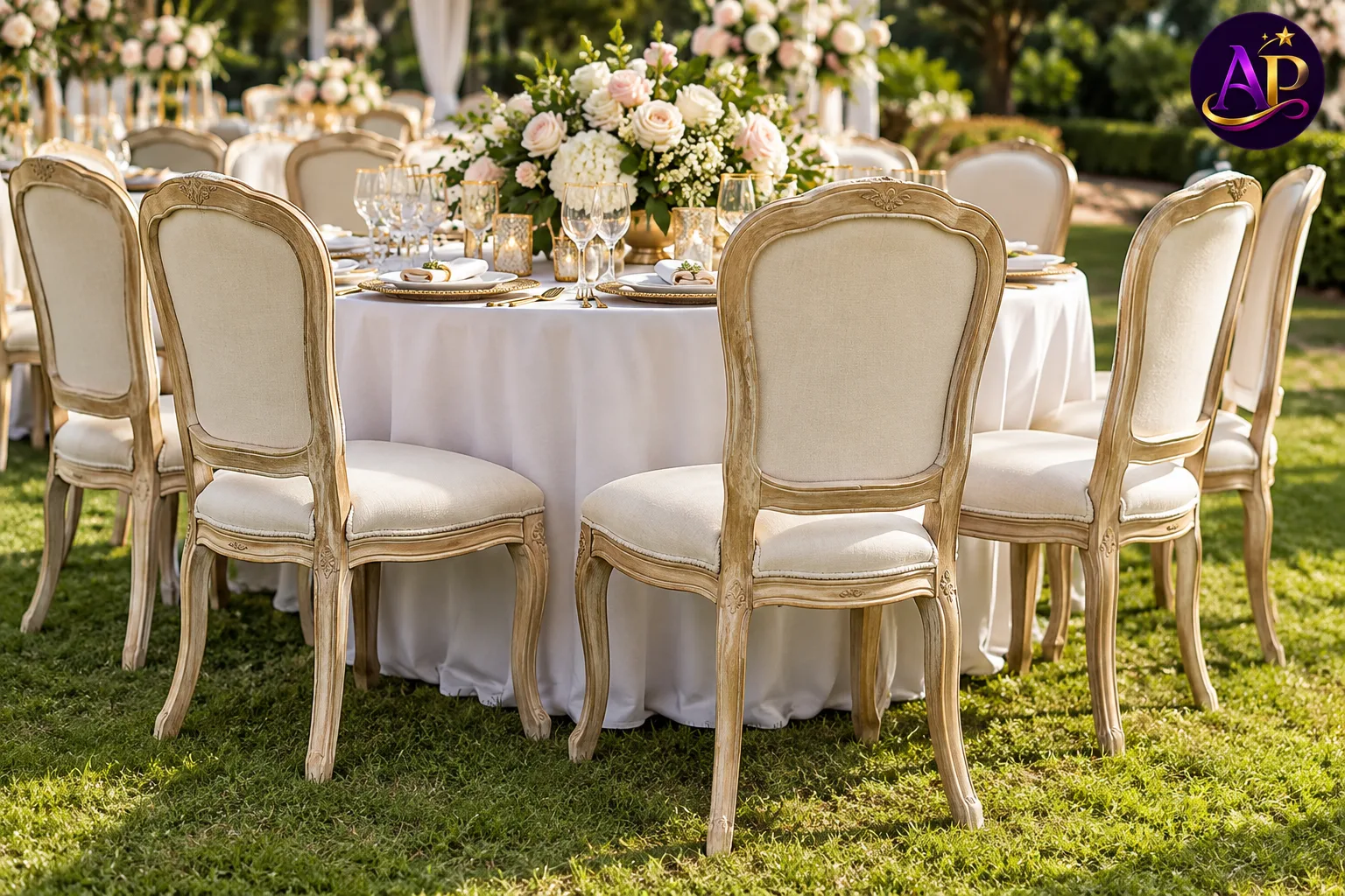 Armless Louis Curved-Back Dining Chair styled at a luxury wedding reception in Nairobi