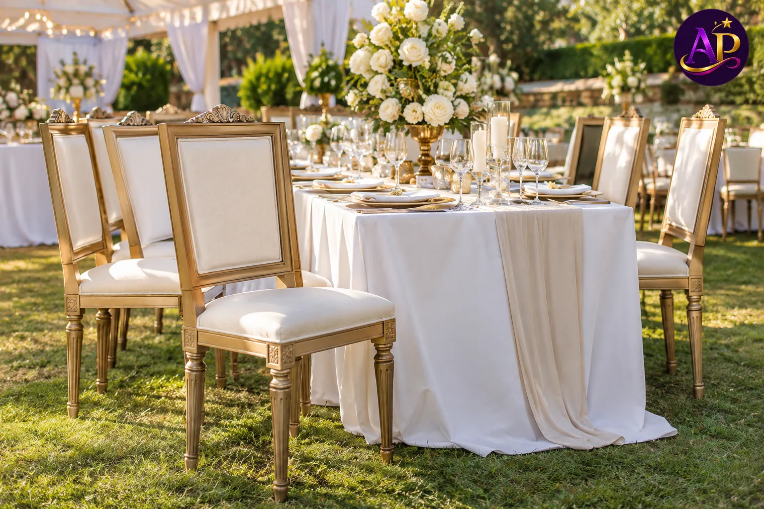 Armless Louis Square-Back Dining Chair styled at a luxury wedding reception in Nairobi