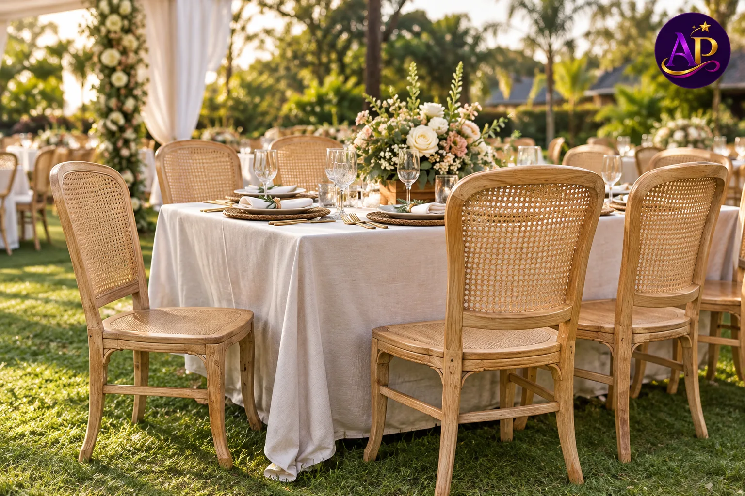 Armless Rattan-Back Louis Dining Chair styled at a luxury wedding reception in Nairobi