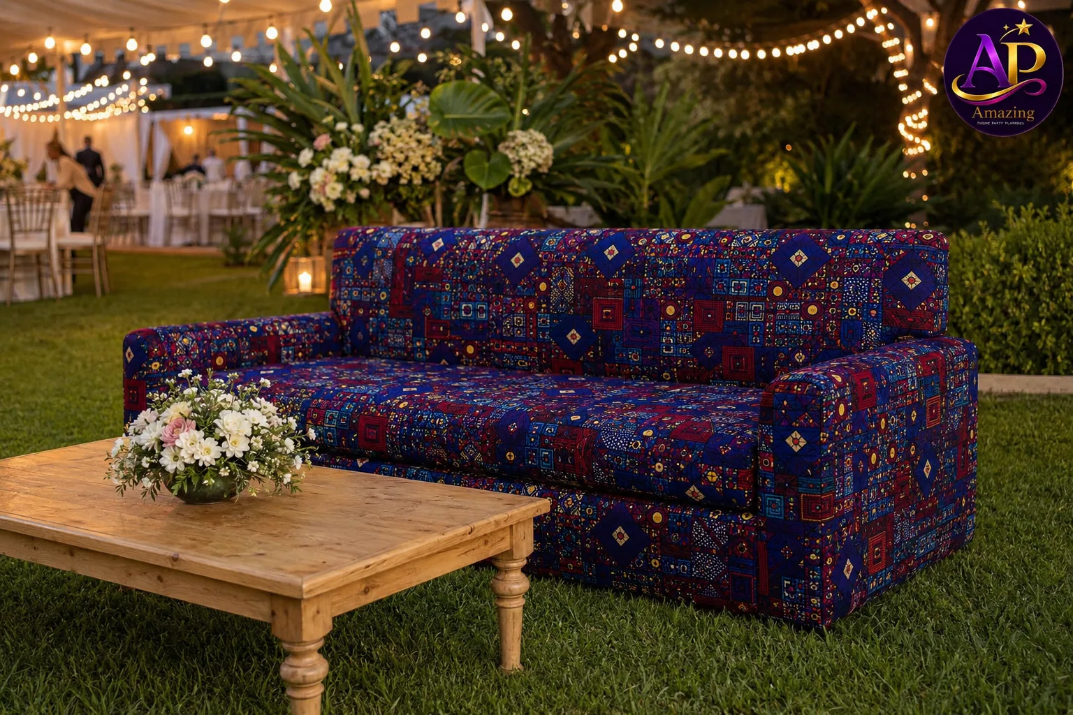 Assorted Ankara Three-Seater Sofa at a luxury Nairobi garden event