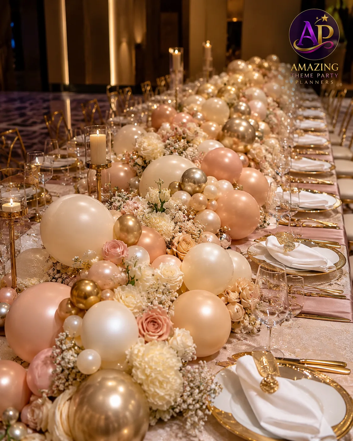 Balloon Runner Hire Nairobi table décor with luxury organic balloon styling.