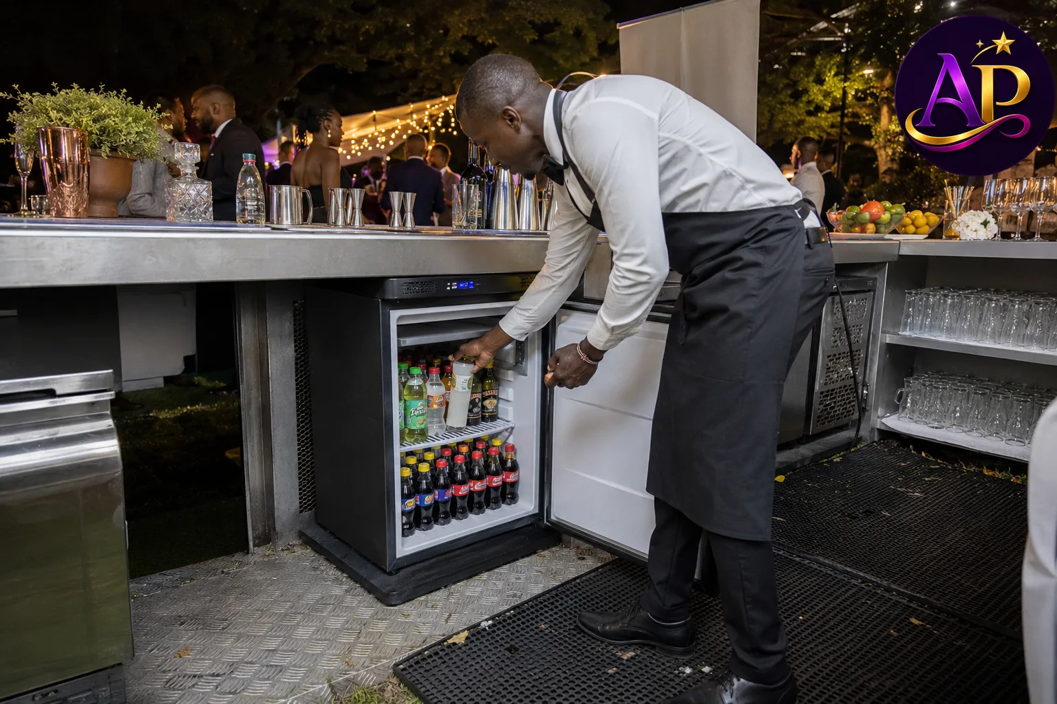 50 litre bar fridge hire in Nairobi keeping cocktail ingredients chilled at a luxury outdoor event.