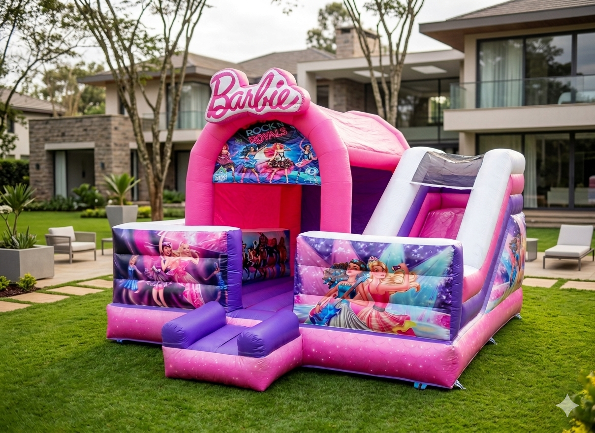 Pink Barbie themed bouncing castle installed in a Runda Nairobi backyard with premium outdoor setup