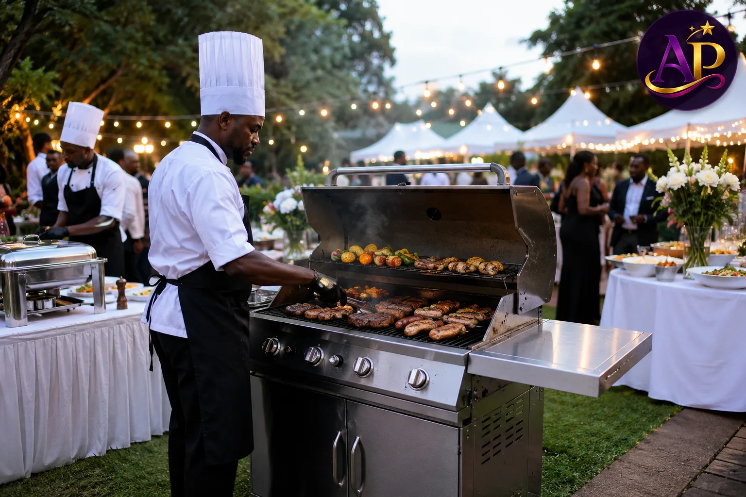 Commercial propane BBQ grill hire in Nairobi serving freshly grilled food at a luxury outdoor wedding reception.