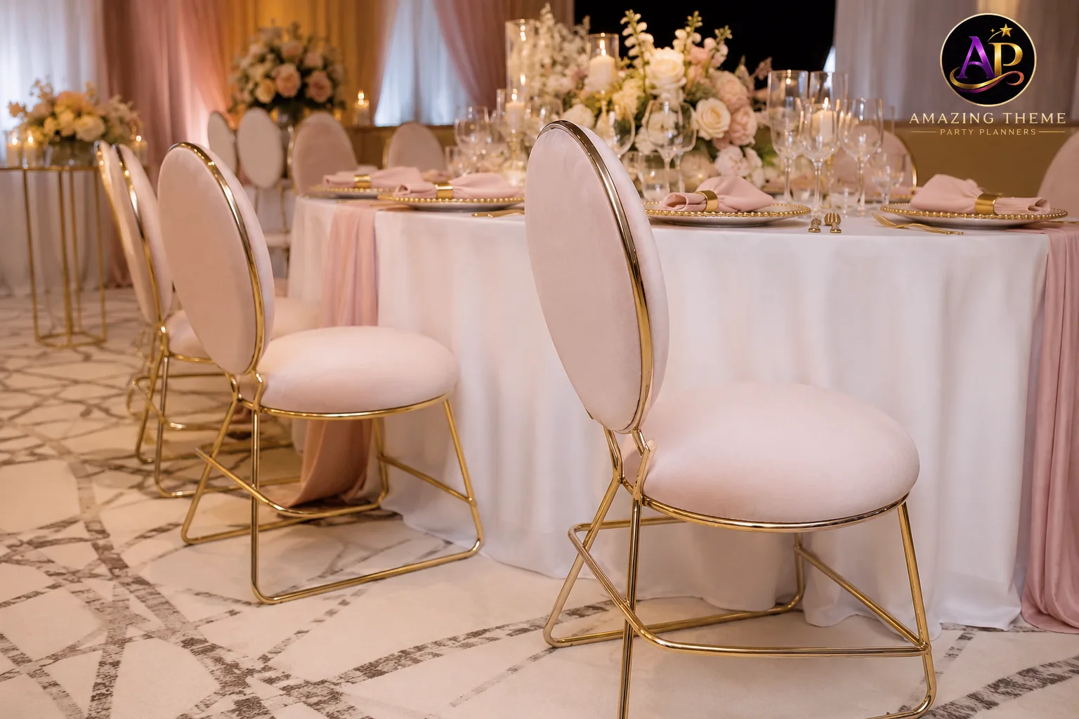 Bella Chair Hire Nairobi upholstered event chairs with metal frame at a luxury event setup.