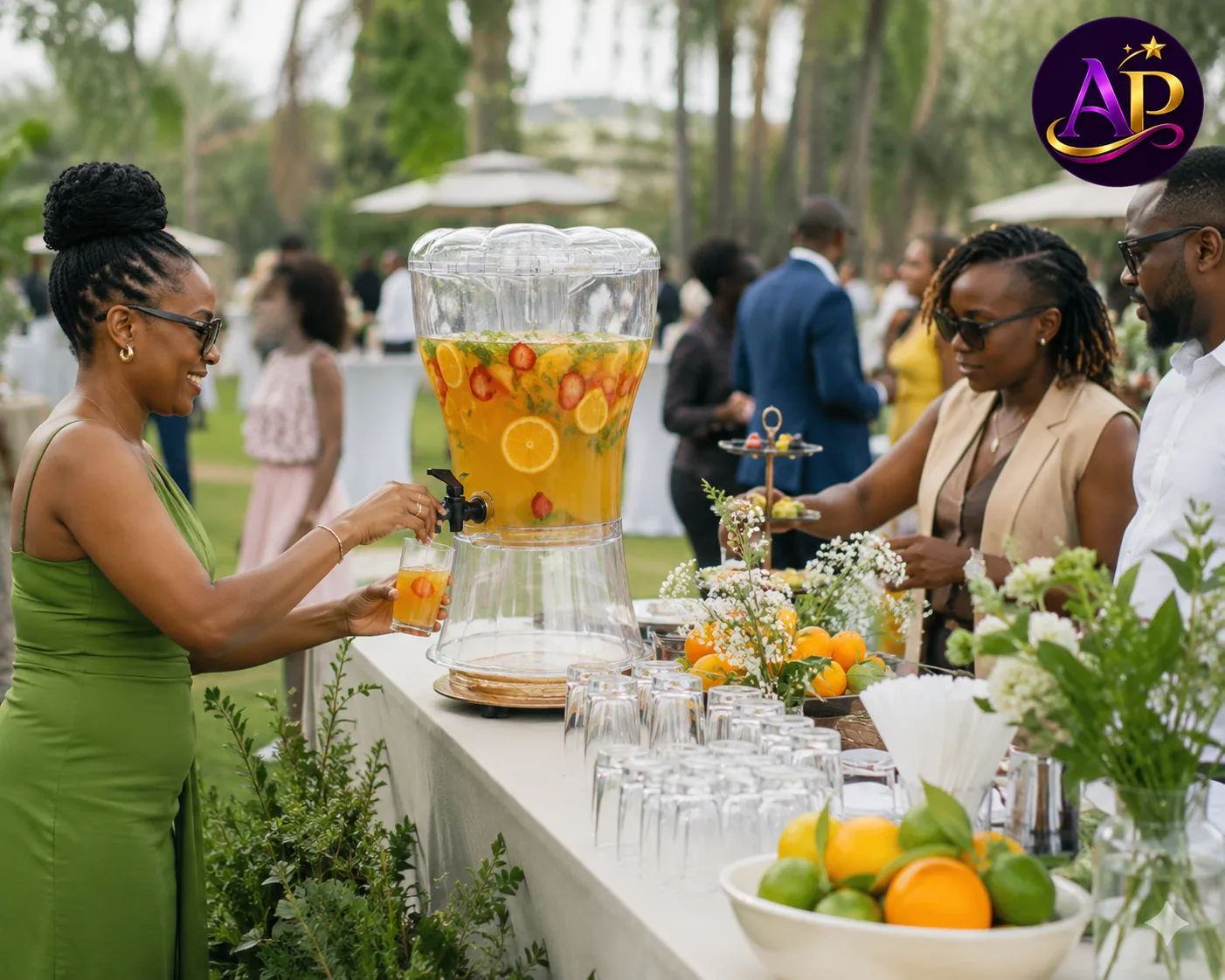 Premium beverage dispenser hire in Nairobi serving fresh fruit juice at an elegant outdoor drinks station.
