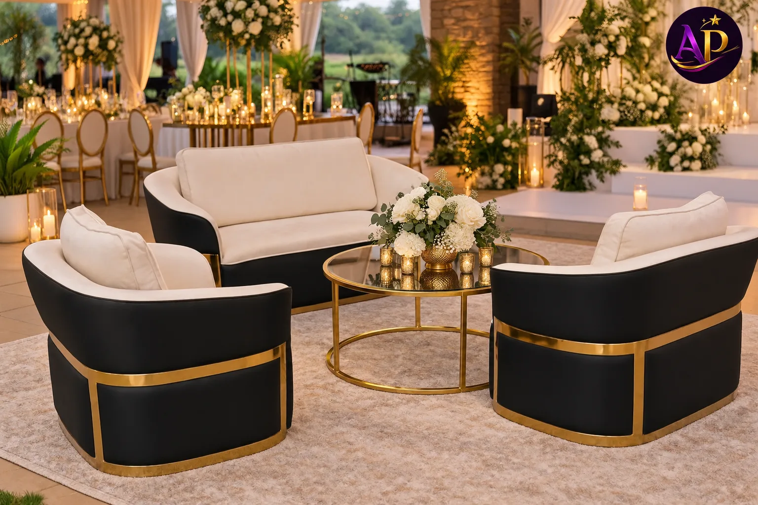 Black and gold butterfly lounge set at a luxury Nairobi event