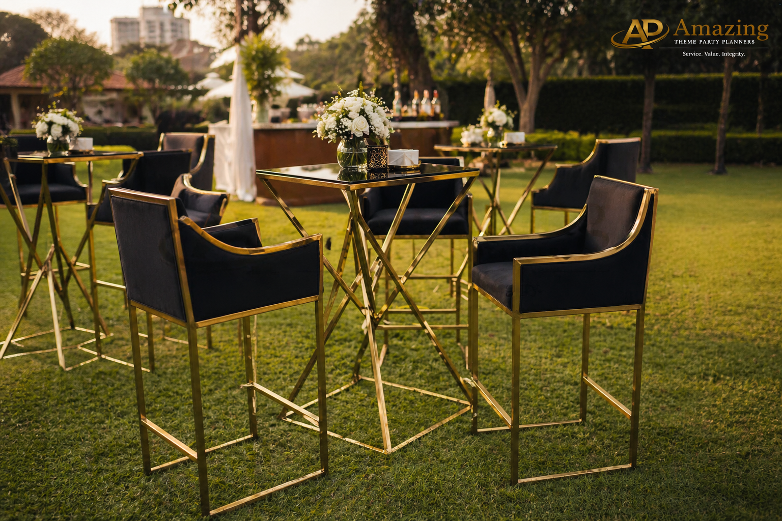 Black and gold executive bar stools with arms at Nairobi luxury cocktail event