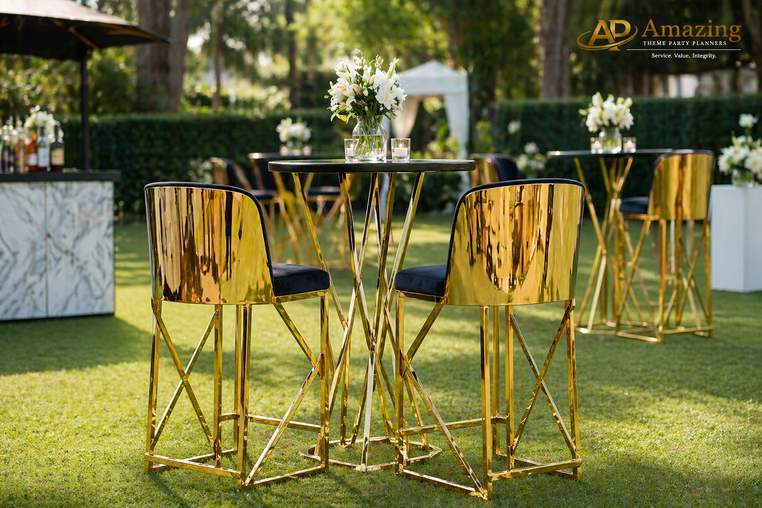 Black and gold solid back barstools at Nairobi luxury cocktail event