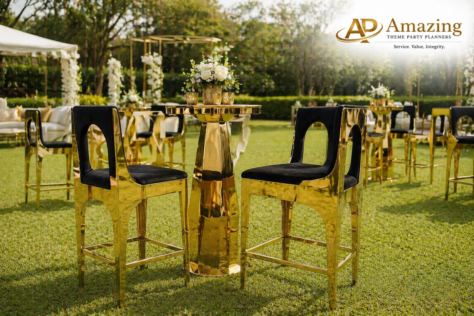 Black and gold hollow back barstools at Nairobi luxury garden cocktail event