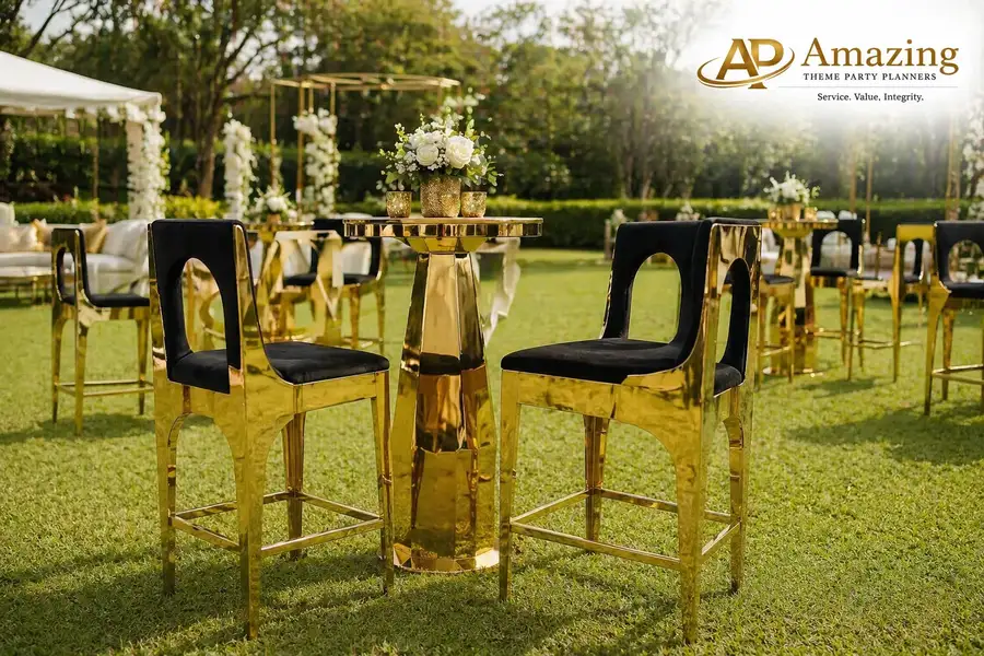 Black and gold hollow back barstools at Nairobi luxury garden cocktail event