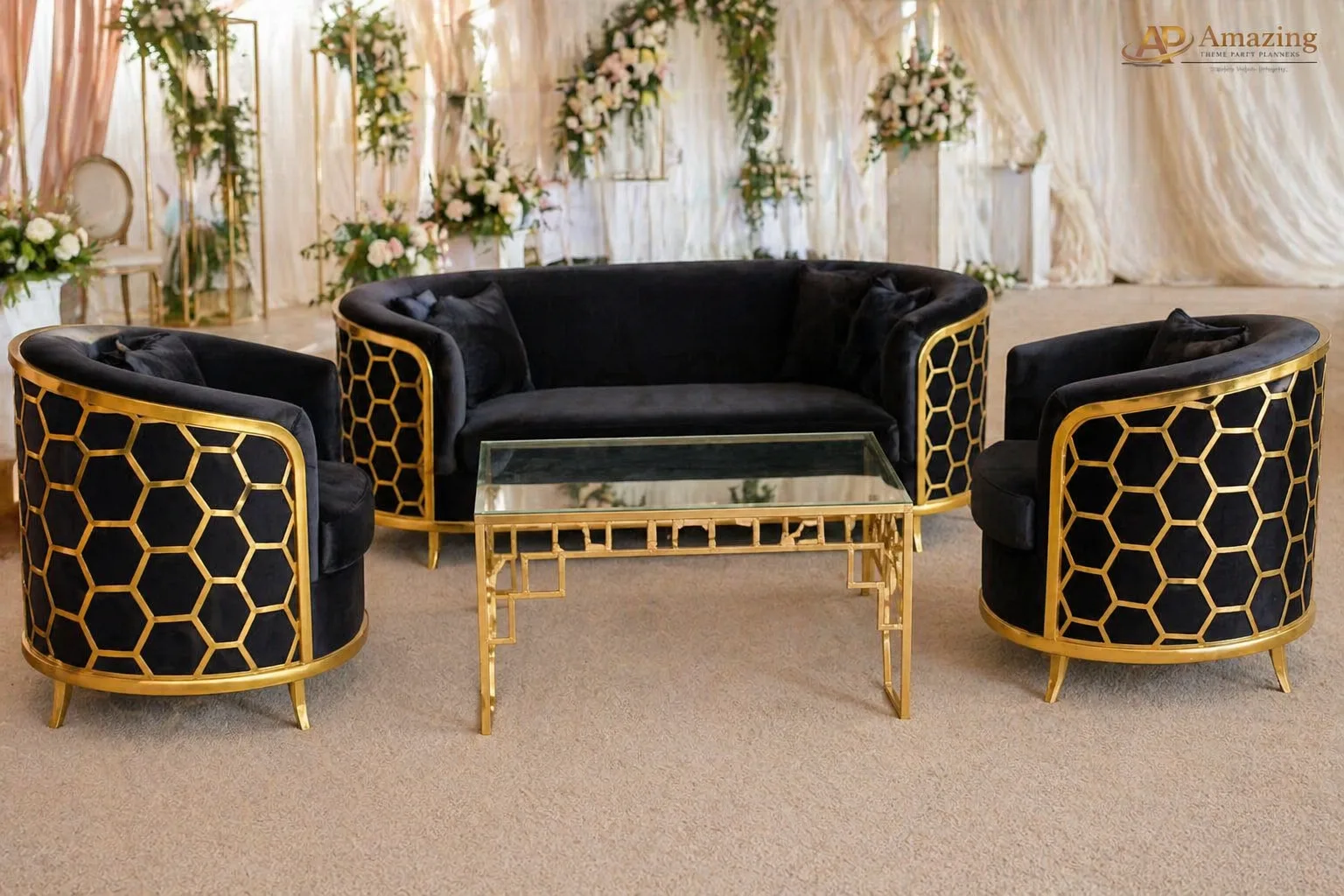 Black Gold Honeycomb Lounge Set for hire Nairobi luxury event seating