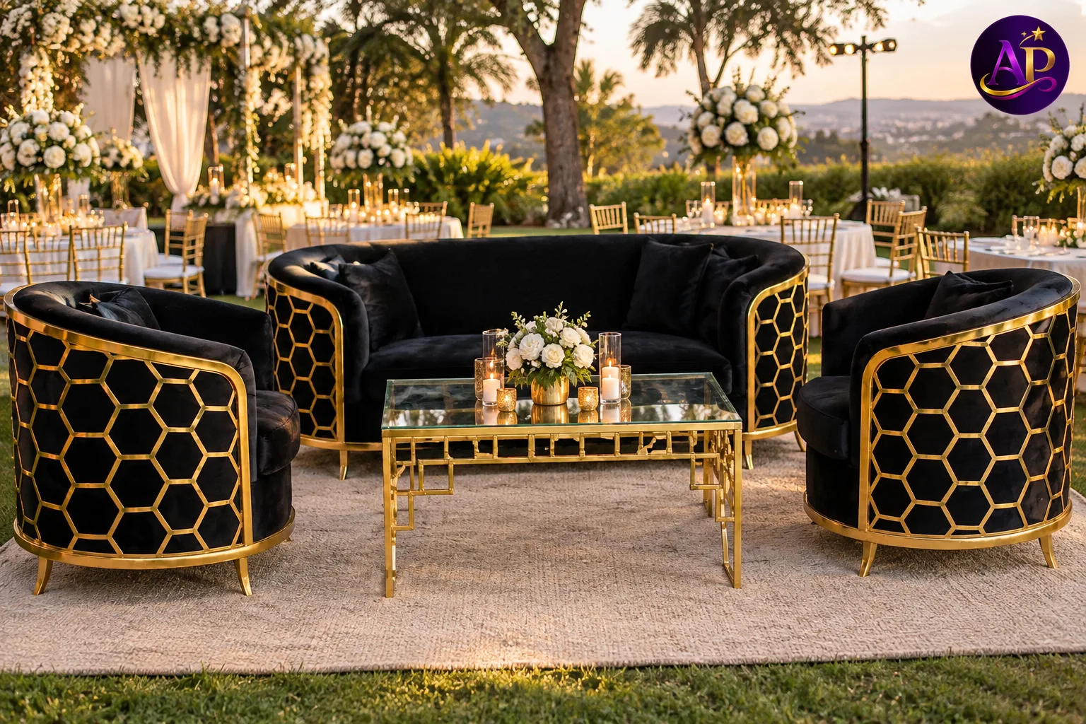 Black and Gold Honeycomb Lounge Set at a luxury Nairobi wedding