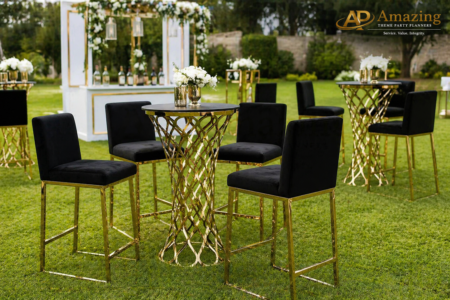Black and gold square back barstools at Nairobi luxury garden event
