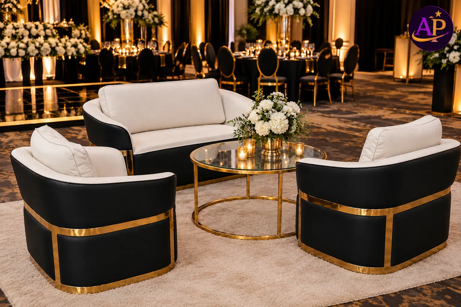 Black, white and gold butterfly lounge set at a luxury Nairobi event