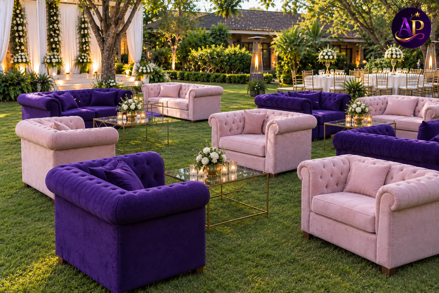 Blush pink and royal purple velvet lounge collection at a luxury Nairobi wedding