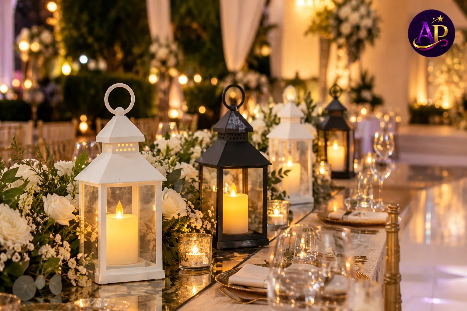 Candle lanterns styled for an elegant wedding reception in Nairobi