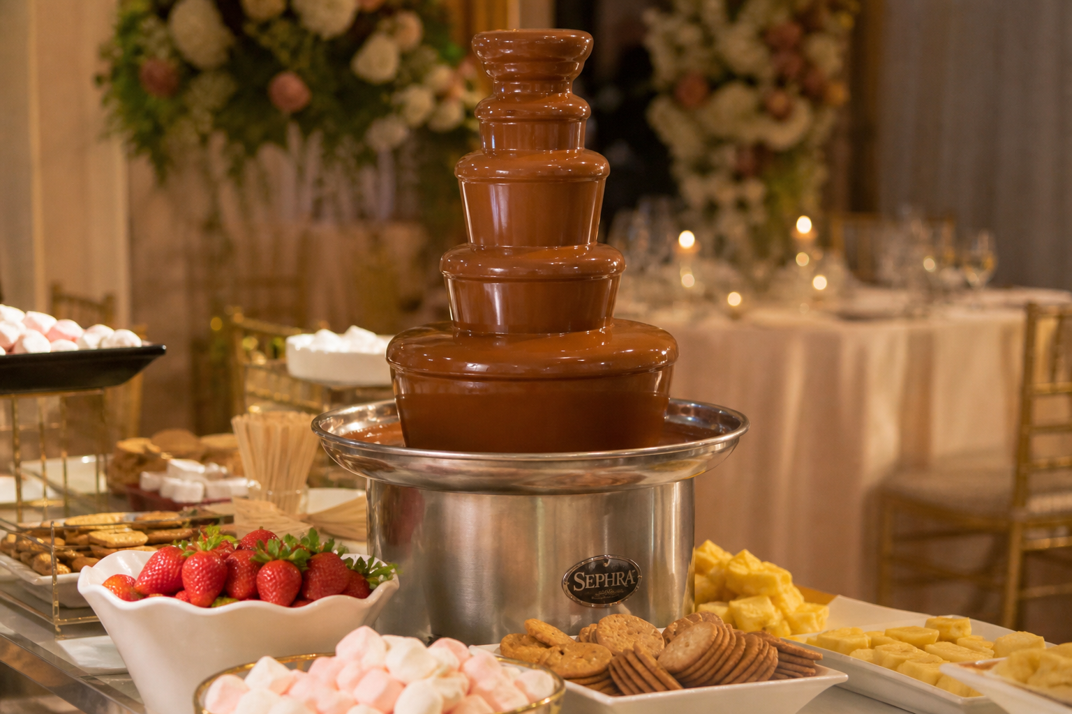 chocolate fountain hire Nairobi wedding dessert table flowing chocolate setup