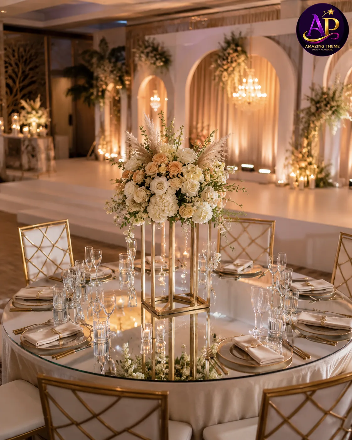 Circular Mirror Décor Hire Nairobi with a reflective mirrored tabletop and luxury floral centrepiece.