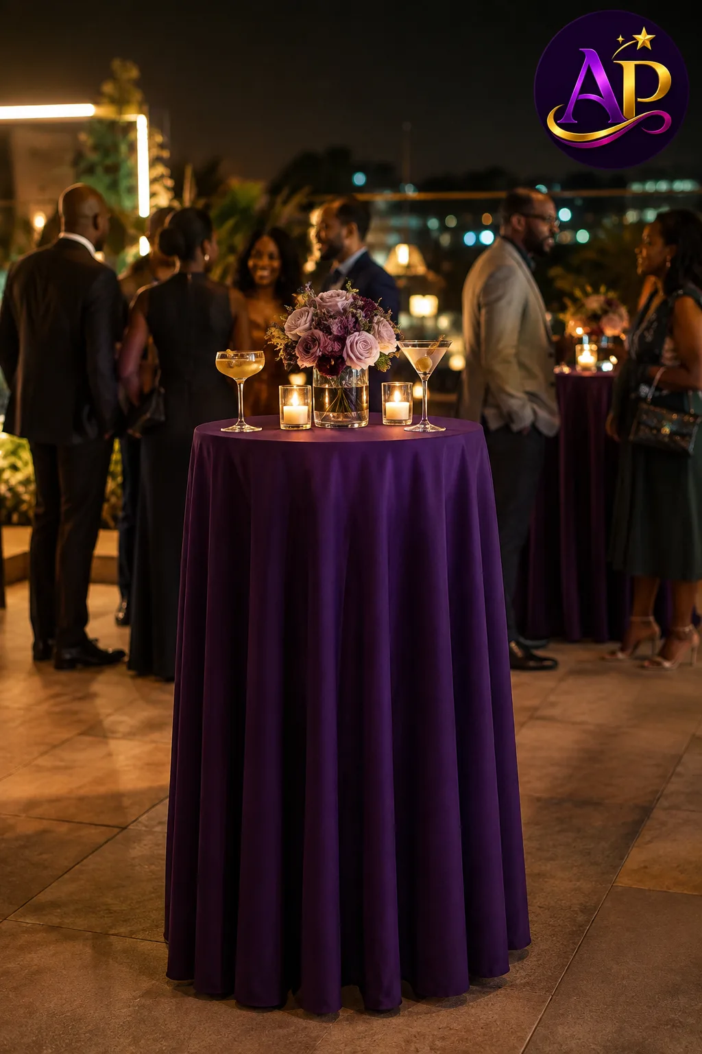 Cocktail table linen hire in Nairobi dressing a poseur table at a luxury networking reception.