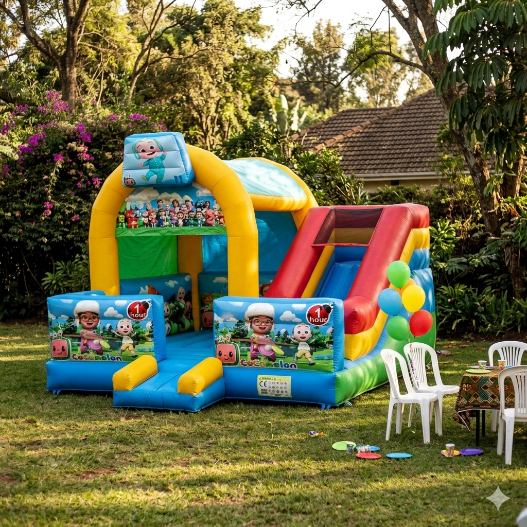 Cocomelon themed bouncing castle set up in a Nairobi backyard during a kids birthday party