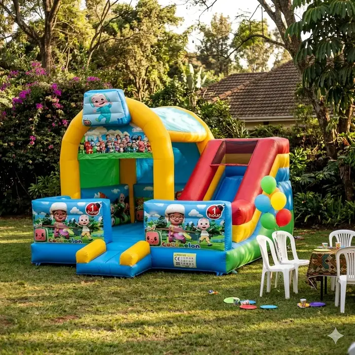 Cocomelon themed bouncing castle set up in a Nairobi backyard during a kids birthday party