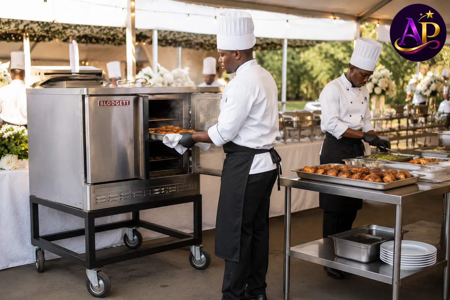 Commercial convection oven hire in Nairobi operating at an elegant outdoor wedding catering kitchen.