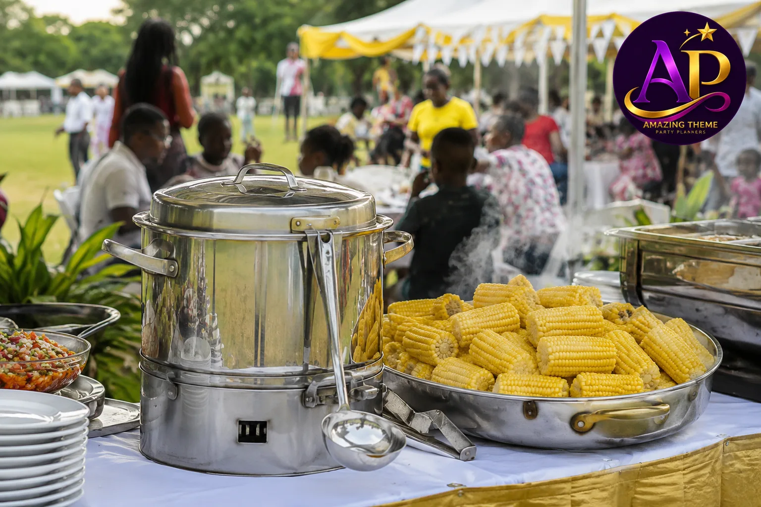 Premium stainless steel corn pot for hire in Nairobi serving hot boiled maize at weddings, parties and corporate events