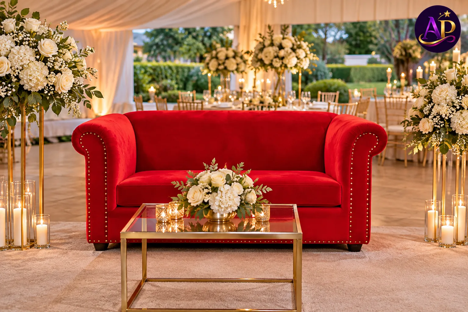Crimson red velvet two-seater sofa at a luxury Nairobi wedding