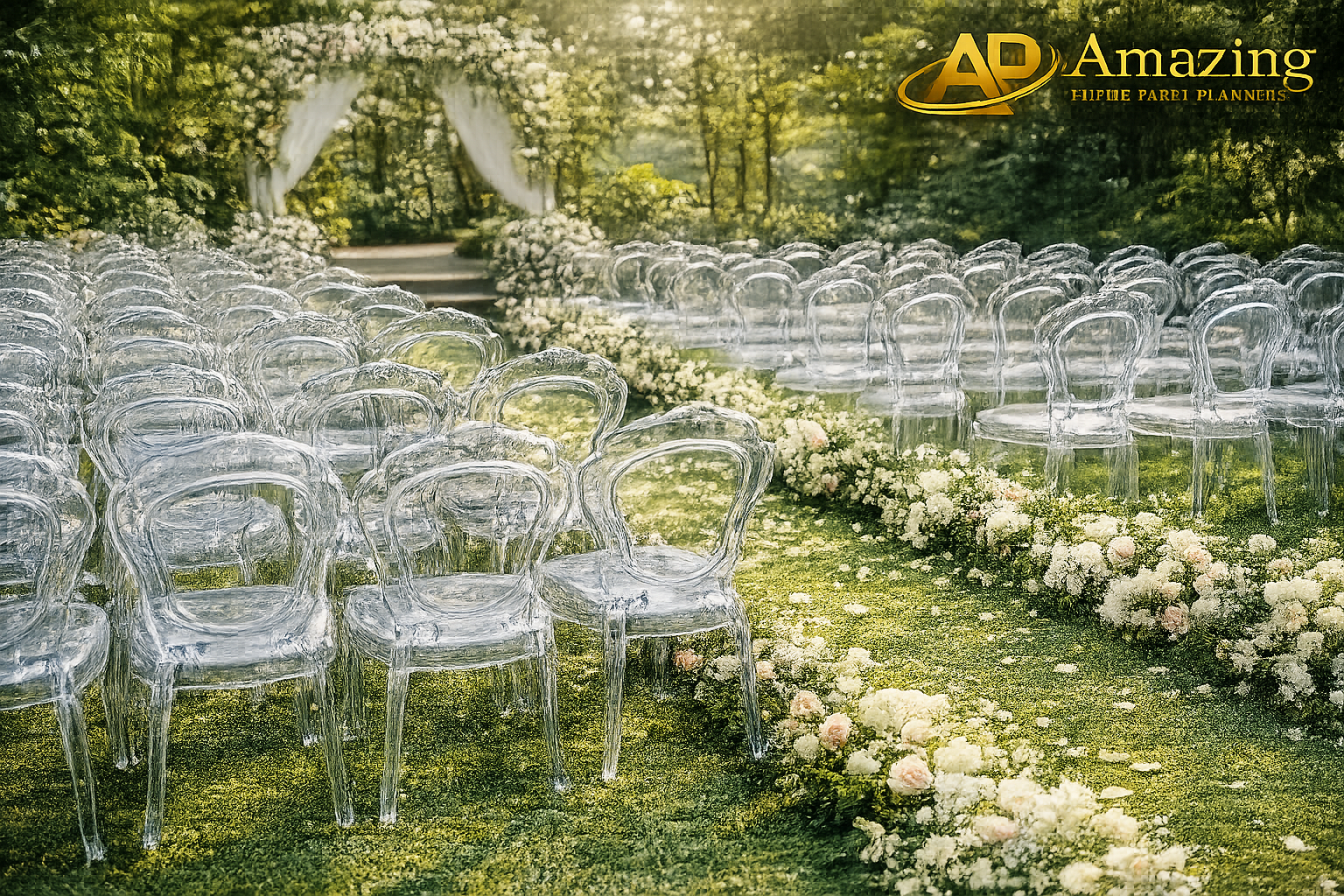 Crystal clear ghost chairs arranged in aisle seating at a Nairobi garden wedding ceremony