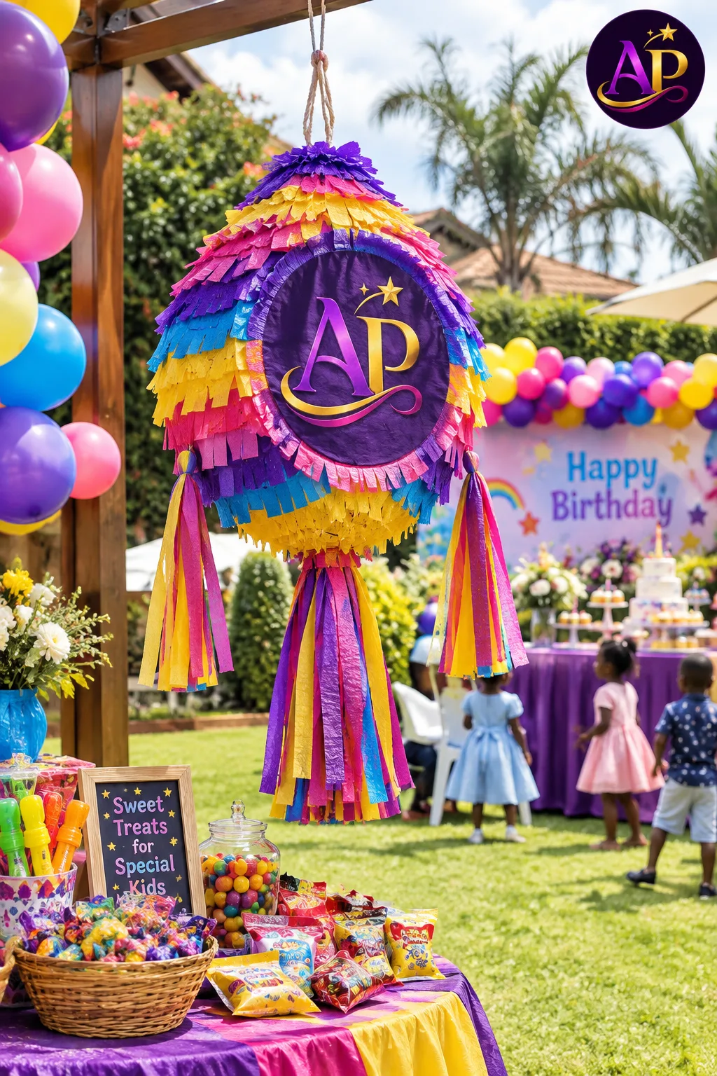 Custom hand-crafted piñata with candies and goodies for a Nairobi children's birthday party.