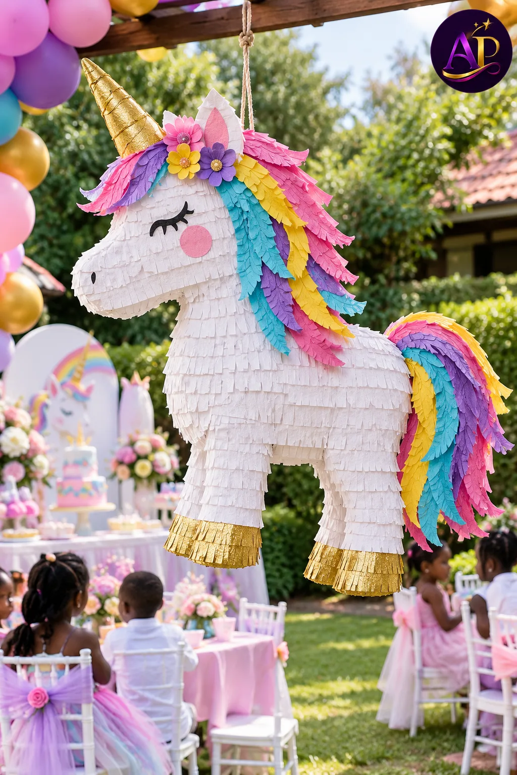 Custom handmade unicorn piñata without filling at a Nairobi children's birthday party.